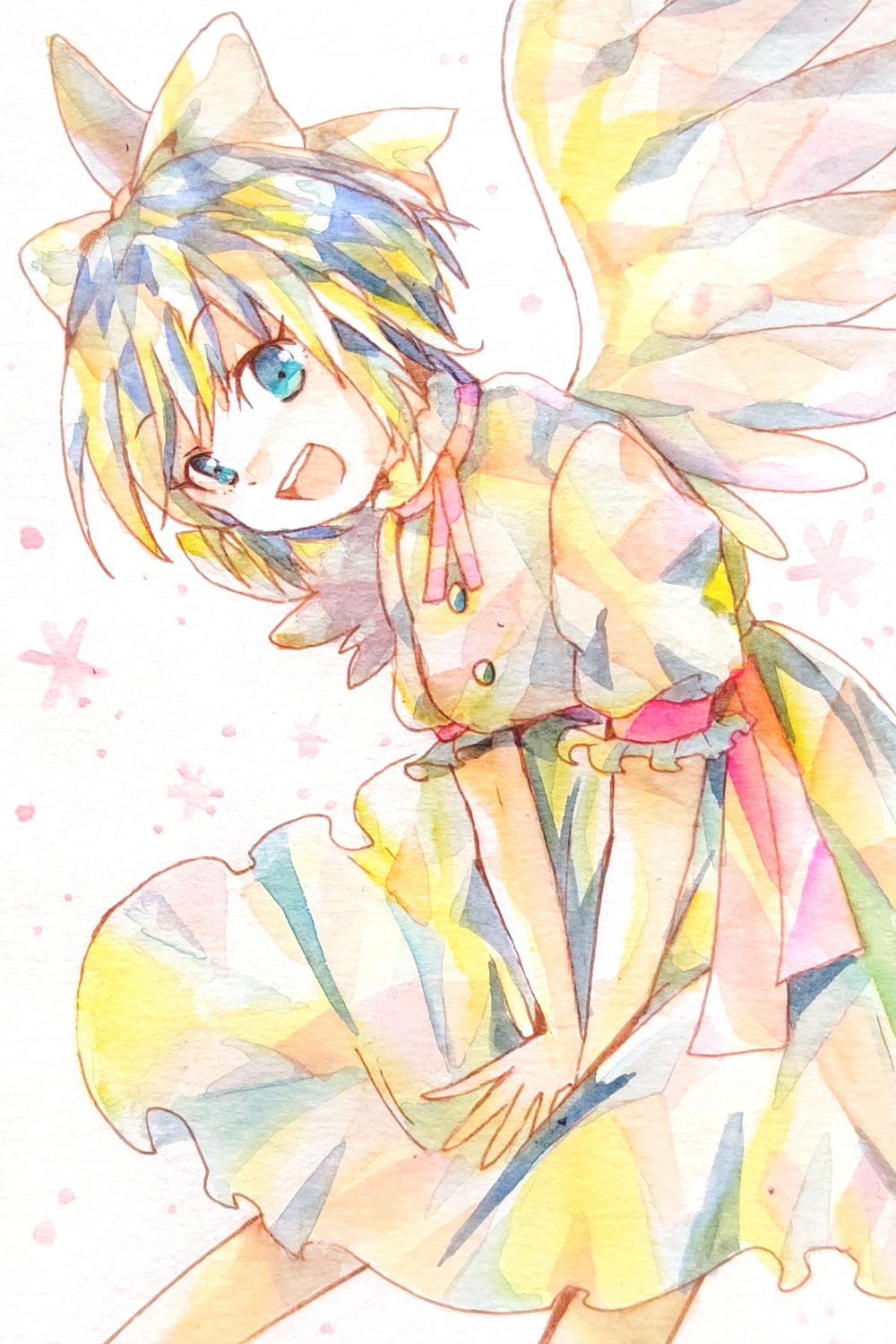 1girl, angel_wings, blue_eyes, blue_hair, bow, breasts, buttons, commentary_request