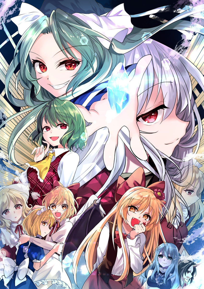 6+girls, angel, angel_wings, apron, arms_under_breasts, ascot, back_bow, bat