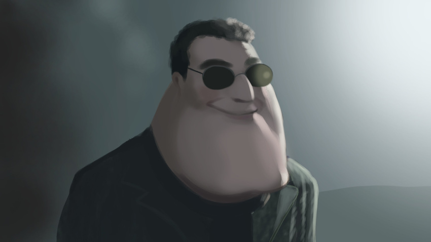 1boy, black_shirt, broad_shoulders, brown_hair, cosplay, doctor_octopus, doctor_octopus_(cosplay), english_commentary, eyebrows, family_guy, highres, jaw, joe_swanson, male_focus, marvel, marvel_cinematic_universe, meme, parody, popogori, seth_macfarlane_(style), shirt, smile, spider-man:_no_way_home, spider-man_(series), sunglasses, upper_body
