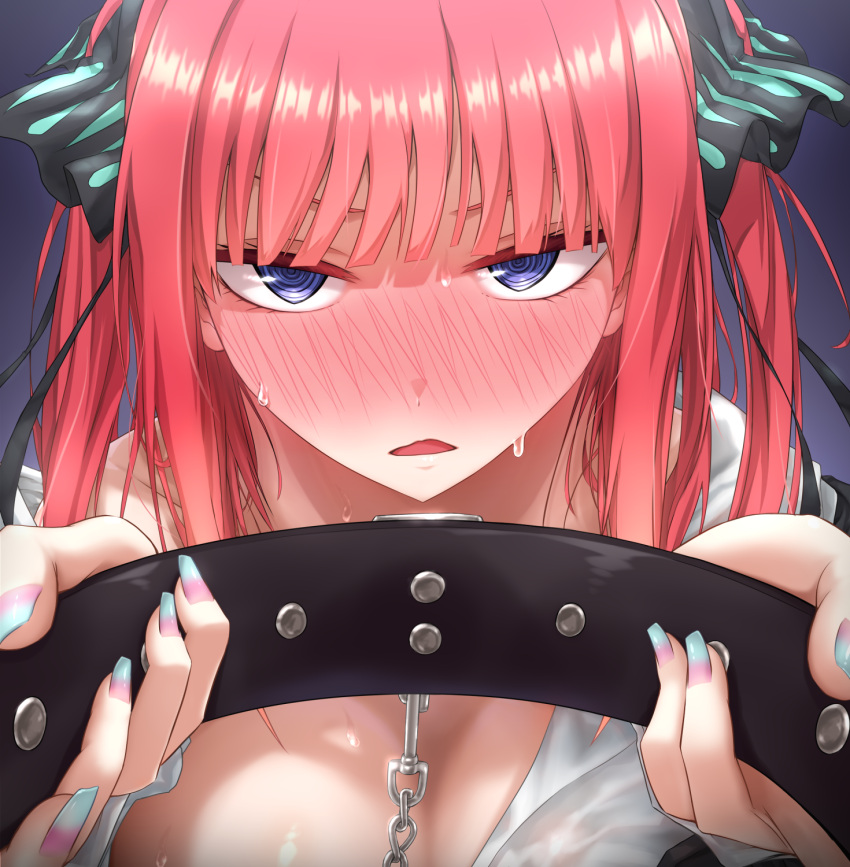 1girl, aqua_nails, bangs, blue_eyes, blush, breasts, chain, collar