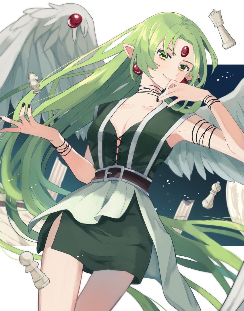 1girl, absurdres, armpits, black_nails, chess_piece, cowboy_shot, earrings, finn_fish