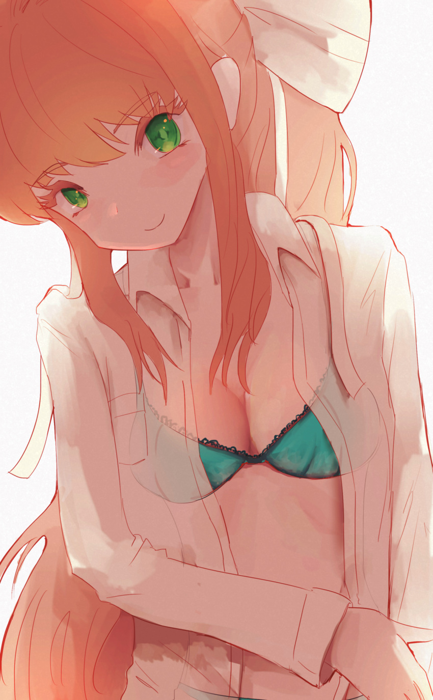 1girl, absurdres, bow, bra, brown_hair, doki_doki_literature_club, green_bra, green_eyes, hair_bow, highres, lace, lace_bra, long_hair, looking_at_viewer, masuda_(agga), monika_(doki_doki_literature_club), open_clothes, open_shirt, panties, ponytail, see-through_shirt, sidelocks, smile, solo, underwear, very_long_hair, white_bow