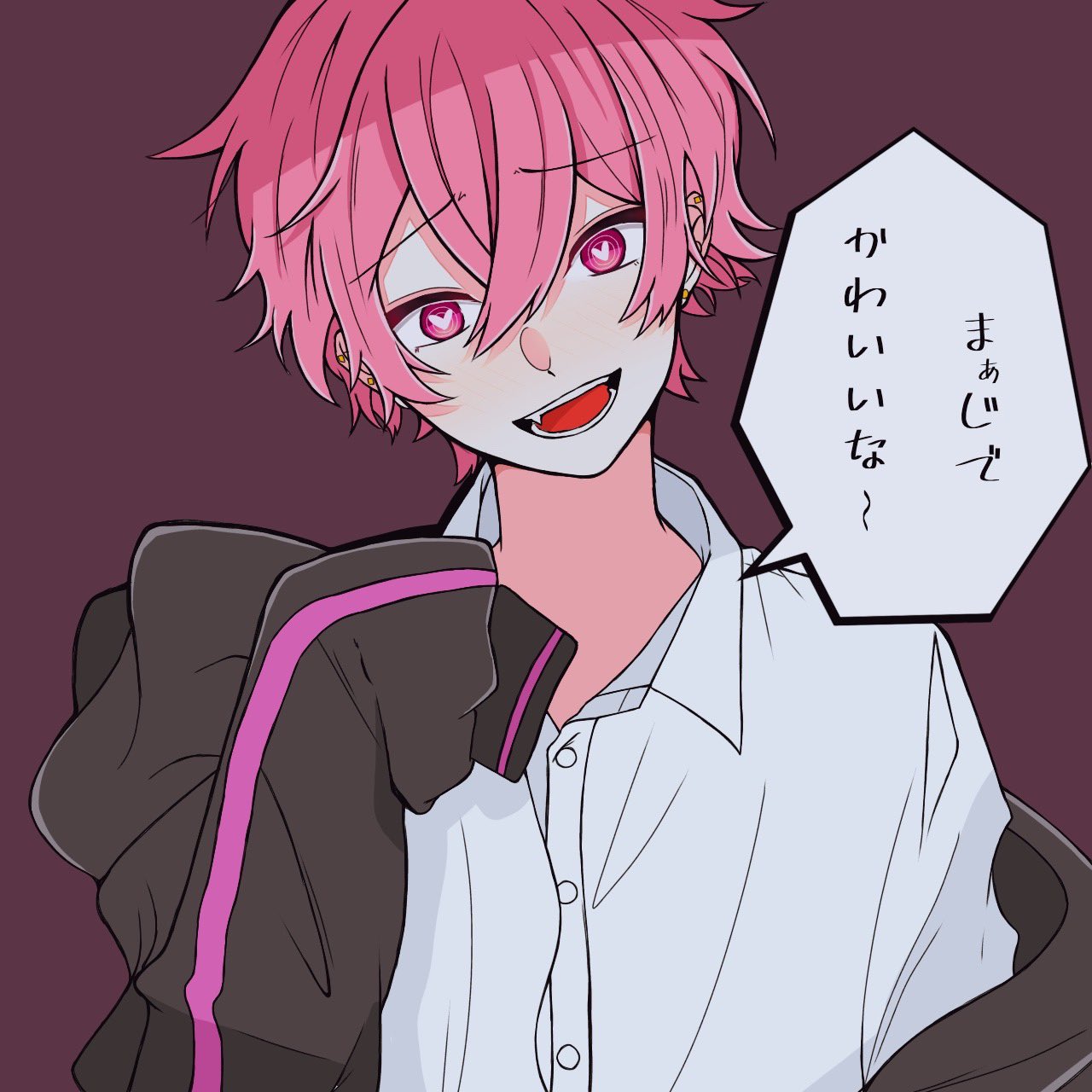 1boy, brown_background, fang, head_tilt, heart, heart-shaped_pupils, highres, ireisu, jacket, liukun_piyo, long_sleeves, male_focus, naiko, open_mouth, pink_eyes, pink_hair, short_hair, smile, solo, speech_bubble, symbol-shaped_pupils, talking, translated, translation_request, yandere