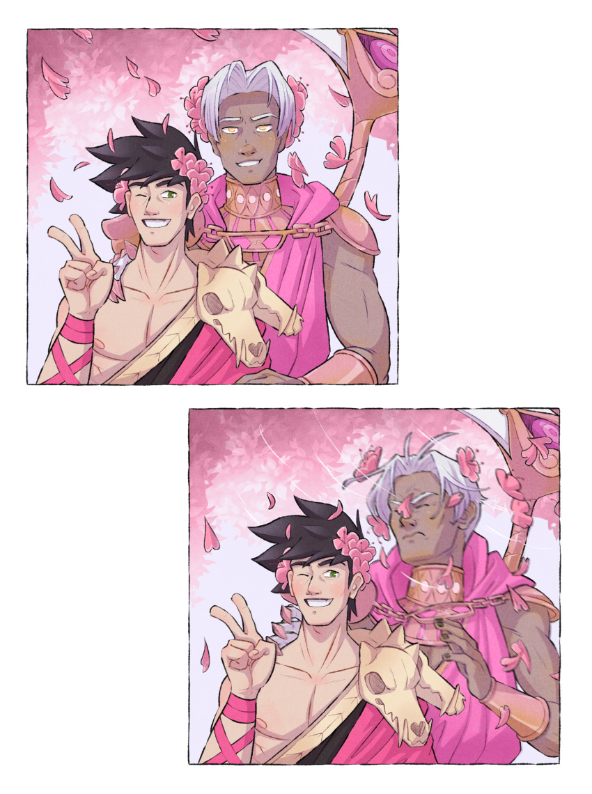 2boys, absurdres, alternate_color, black_hair, black_nails, cherry_blossoms, closed_eyes, dark-skinned_male