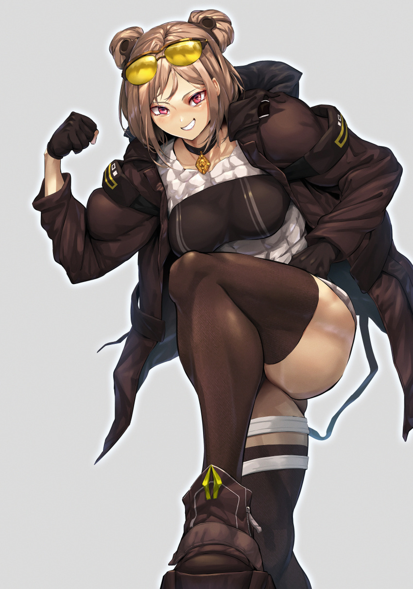 abs, absurdres, biceps, breasts, eyewear_on_head, flexing, girls_frontline, gloves