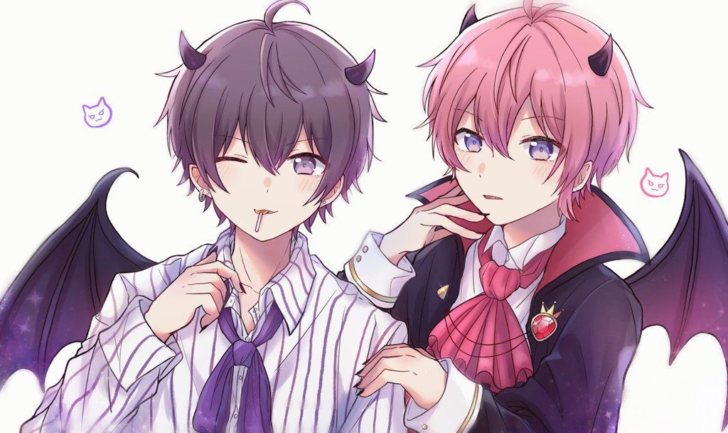 2boys, blush, demon, demon_boy, demon_horns, demon_wings, horns, looking_at_viewer