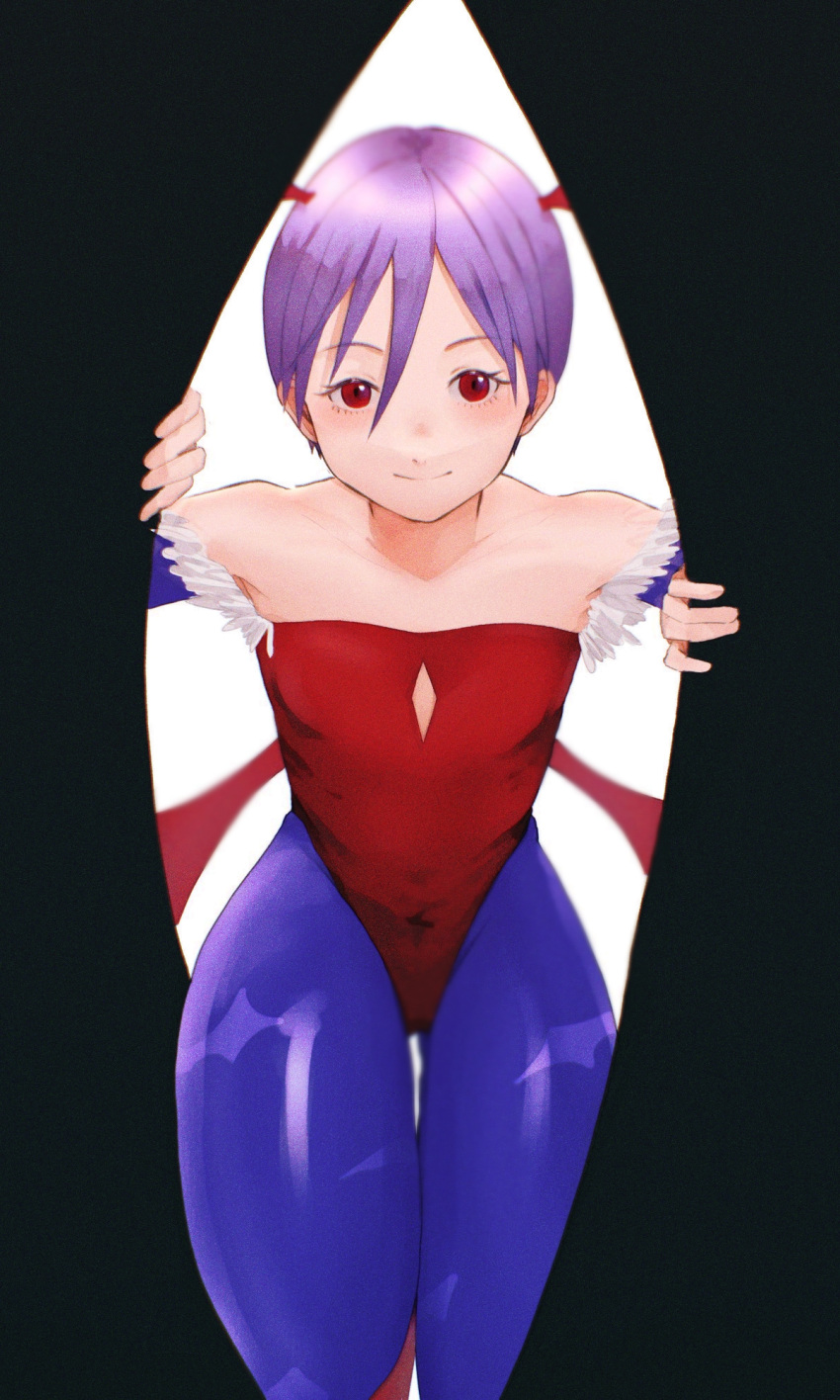 1girl, animal_print, bare_shoulders, bat_print, clothing_cutout, flat_chest, hair_between_eyes, highres, korunosabu, leotard, lilith_aensland, looking_at_viewer, print_legwear, purple_hair, purple_legwear, red_eyes, red_leotard, short_hair, smile, solo, vampire_(game)