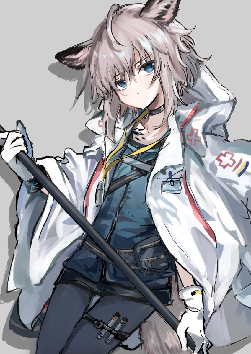 animal_ear_fluff, animal_ears, arknights, bangs, black_choker, black_legwear, black_shorts, blue_eyes