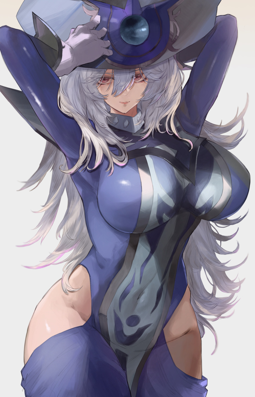 1girl, absurdres, arms_up, breasts, gloves, hat, highres, hip_vent