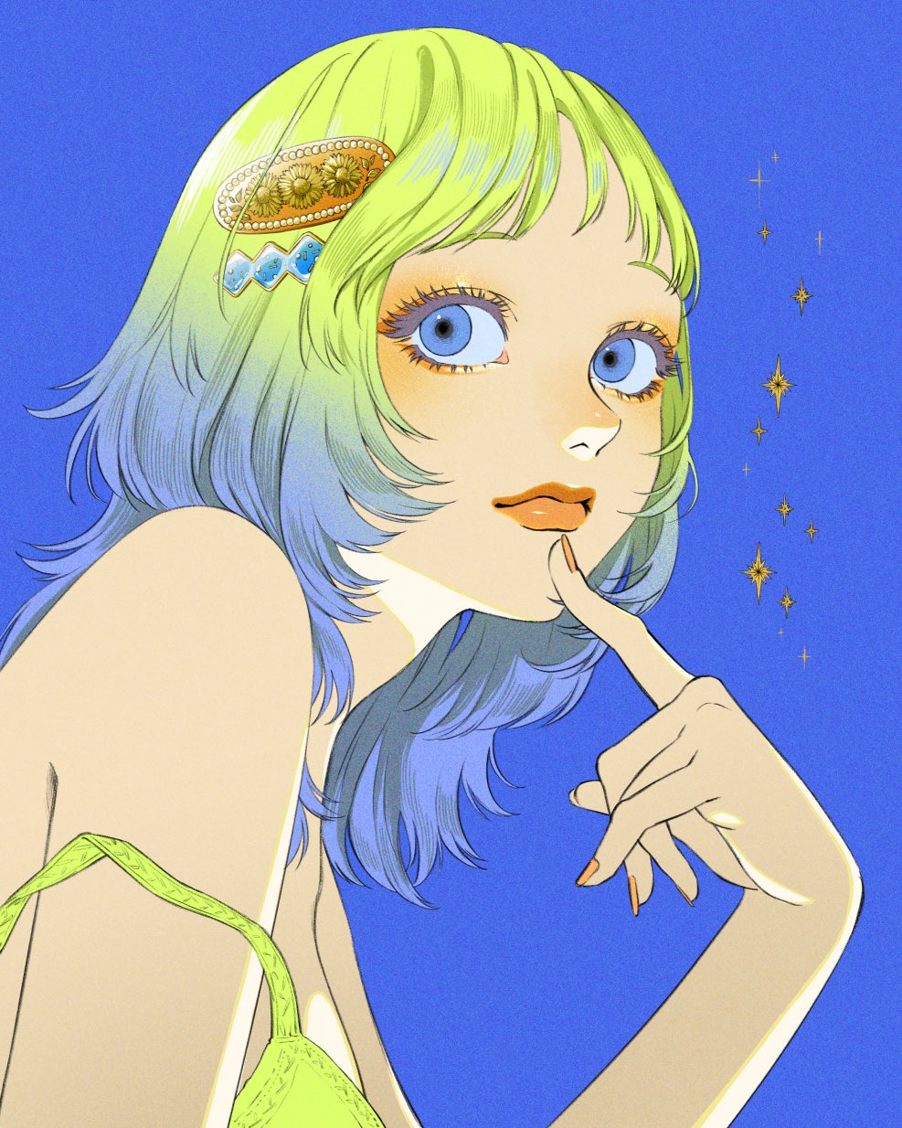 1girl, bangs, blonde_hair, blue_background, blue_eyes, blue_hair, eyeshadow, gradient_hair, hair_ornament, highres, index_finger_raised, makeup, multicolored_hair, orange_nails, original, portrait, sakana_akami, simple_background, smile, solo, sparkle, strap_slip