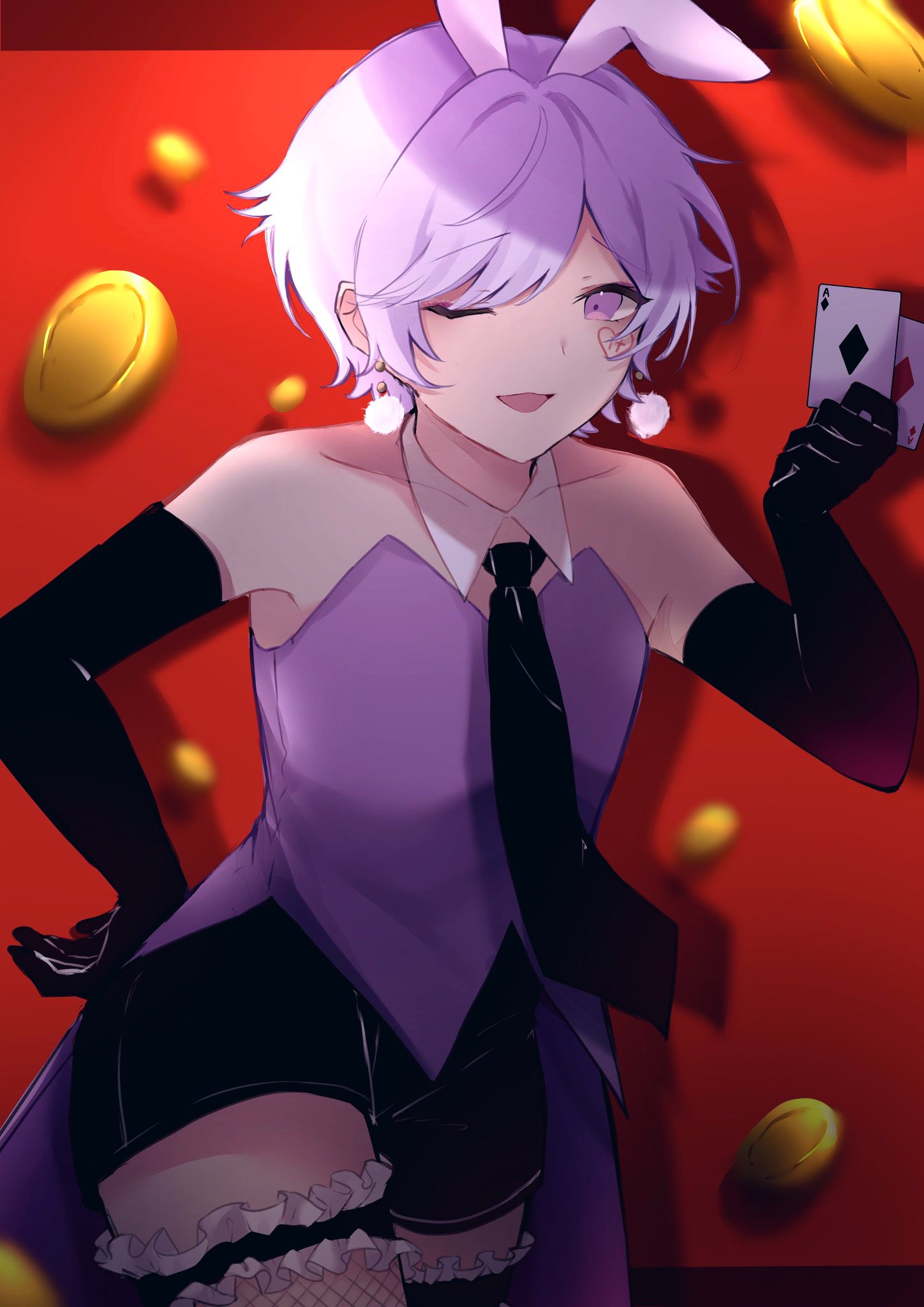 1boy, animal_ears, card, fishnets, gloves, highres, ireisu, lace_garter_belt, male_focus, necktie, one_eye_closed, playing_card, rabbit_boy, rabbit_ears, red_background, sho_(ireisu), short_hair, sleeveless, soani, solo, thick_thighs, thighs, violet_eyes, white_hair