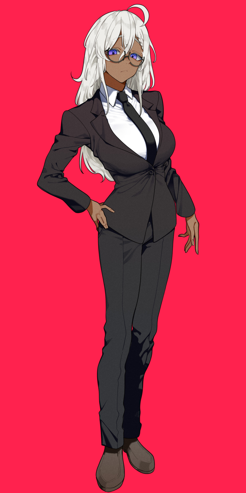 1girl, absurdres, ahoge, bangs, black_jacket, black_necktie, black_pants, braid, breasts, brown_footwear, dark-skinned_female, dark_skin, formal, full_body, glasses, hair_between_eyes, hand_on_hip, highres, jacket, large_breasts, long_hair, long_sleeves, mole, mole_above_eye, necktie, original, pant_suit, pants, red_background, shirt, side_braid, simple_background, solo, st_(youx1119), standing, suit, violet_eyes, white_hair, white_shirt