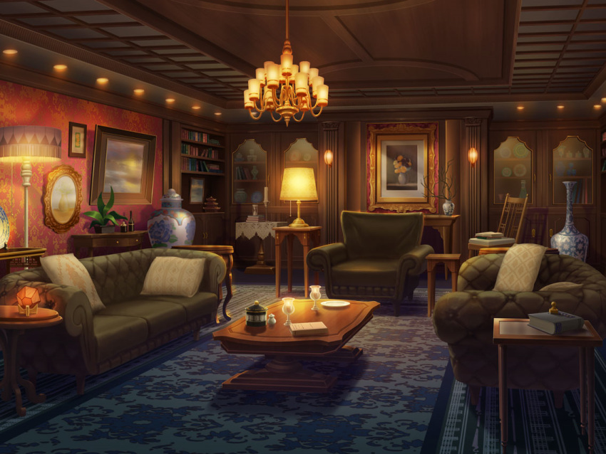 book, bookshelf, bottle, branch, candle, candlestand, carpet, ceiling_light
