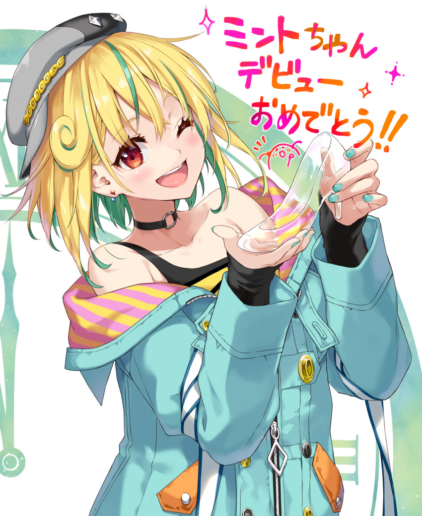 1girl, blonde_hair, commentary_request, eretto, glass_slipper, green_hair, hat, highres