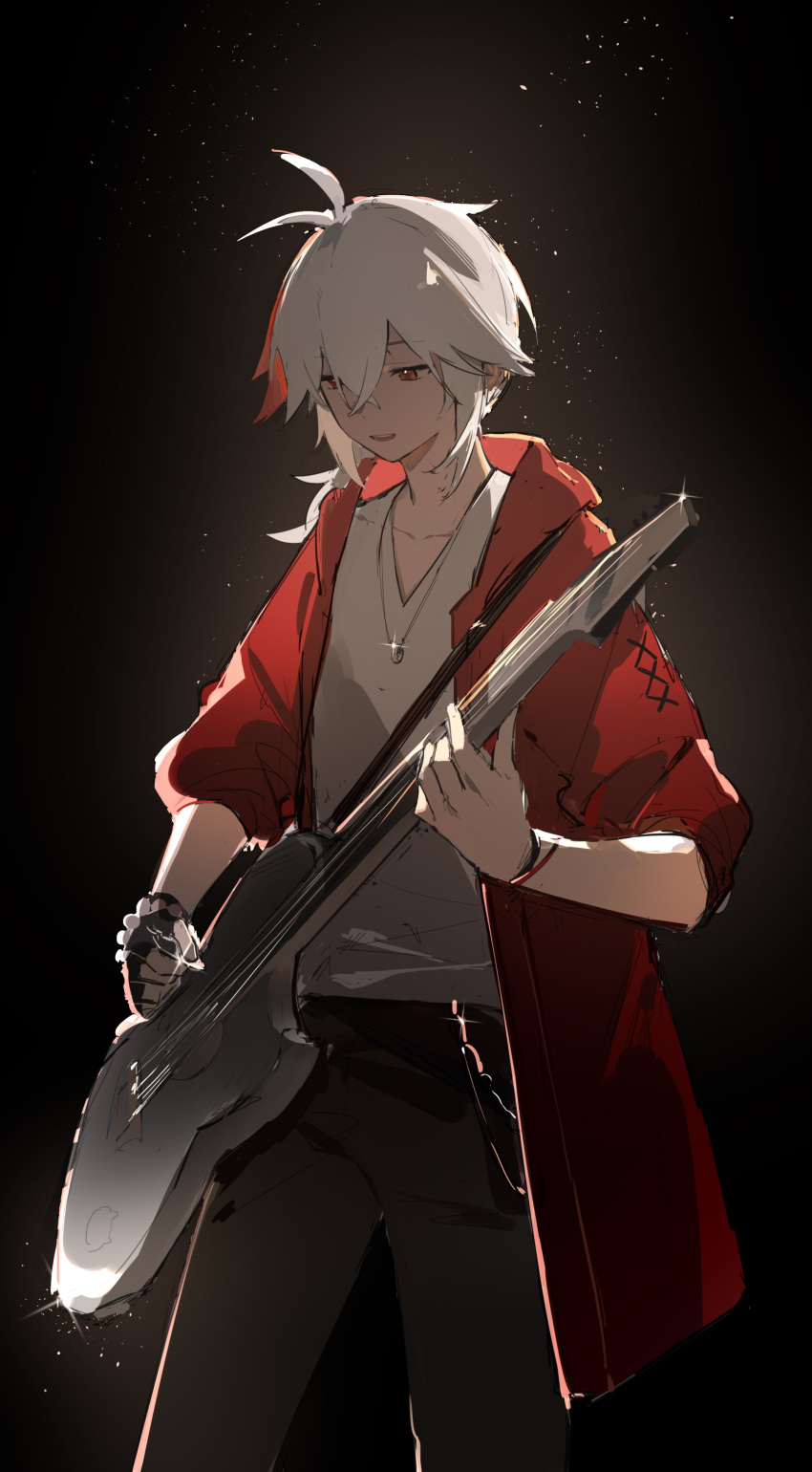1boy, absurdres, alternate_costume, bangs, black_background, black_gloves, black_pants, coat