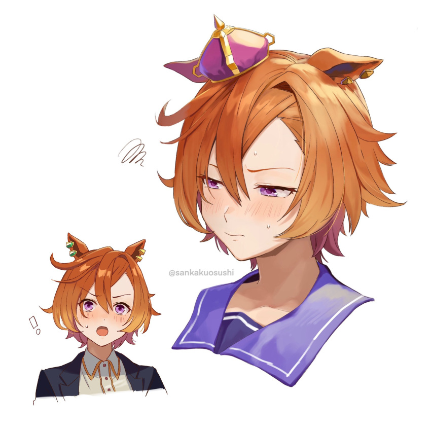 !, 1girl, animal_ears, asymmetrical_bangs, bangs, black_jacket, blush, closed_mouth, collared_shirt, cropped_torso, crown, ear_piercing, ears_down, hair_between_eyes, half-closed_eyes, highres, horse_ears, jacket, looking_away, mini_crown, multiple_views, open_mouth, orange_hair, piercing, qing_(sankakuosushi), sailor_collar, shirt, short_hair, simple_background, squiggle, sweat, t.m._opera_o_(umamusume), twitter_username, umamusume, upper_body, v-shaped_eyebrows, violet_eyes, watermark, white_background, white_shirt