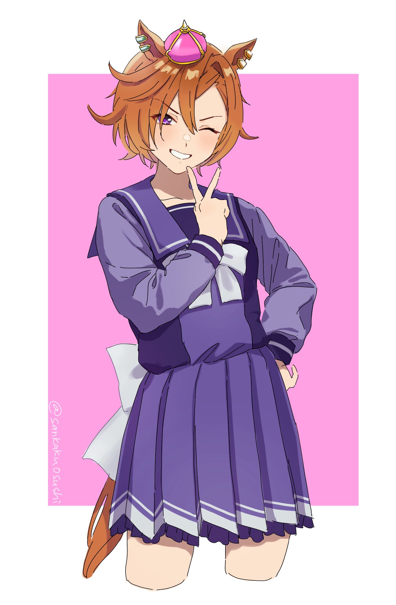 1girl, animal_ears, asymmetrical_bangs, bangs, bow, bowtie, cropped_legs, crown