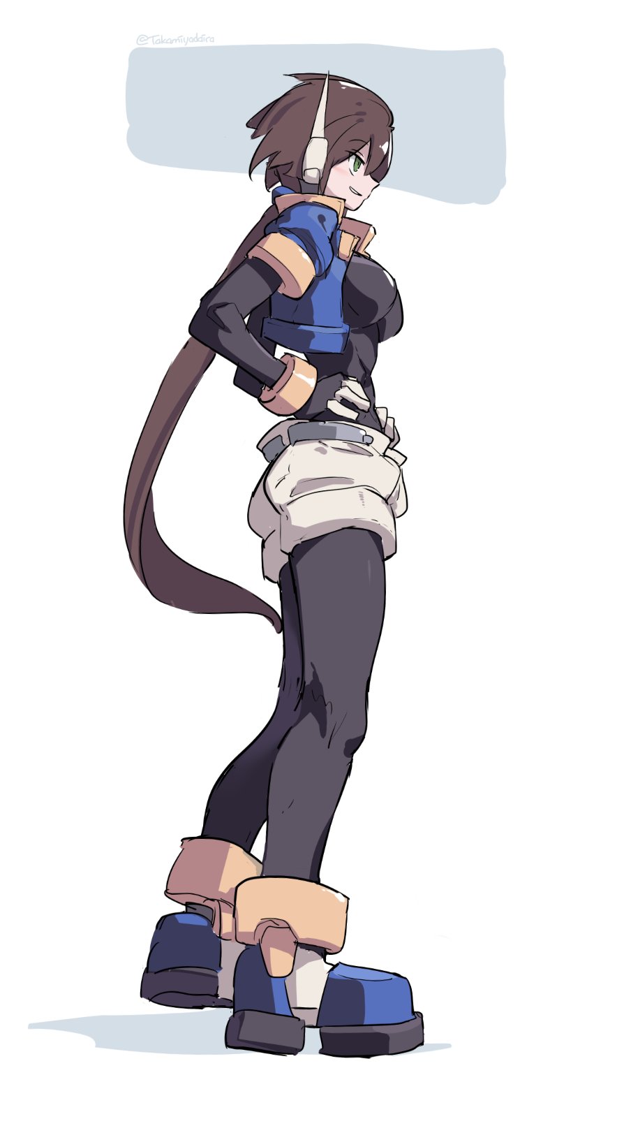 1girl, aile_(mega_man_zx), artist_name, black_bodysuit, black_legwear, bodystocking, bodysuit, breasts