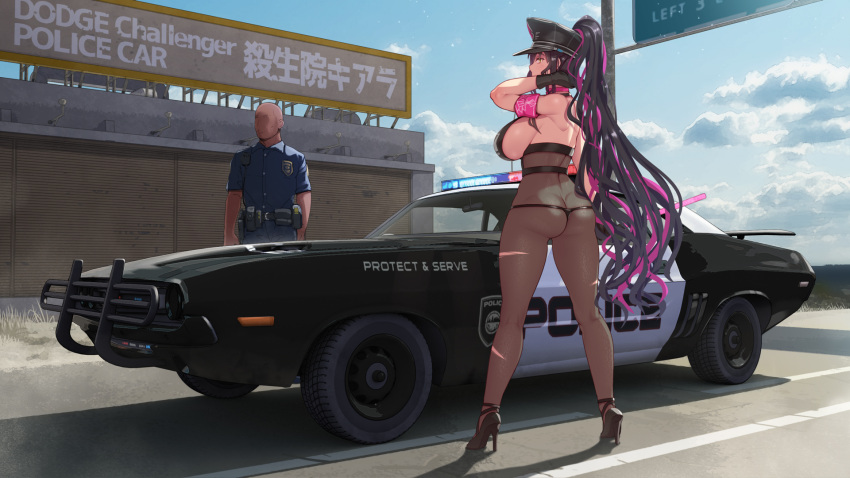 1boy, 1girl, abubu, armband, ass, bald, bare_shoulders, black_footwear