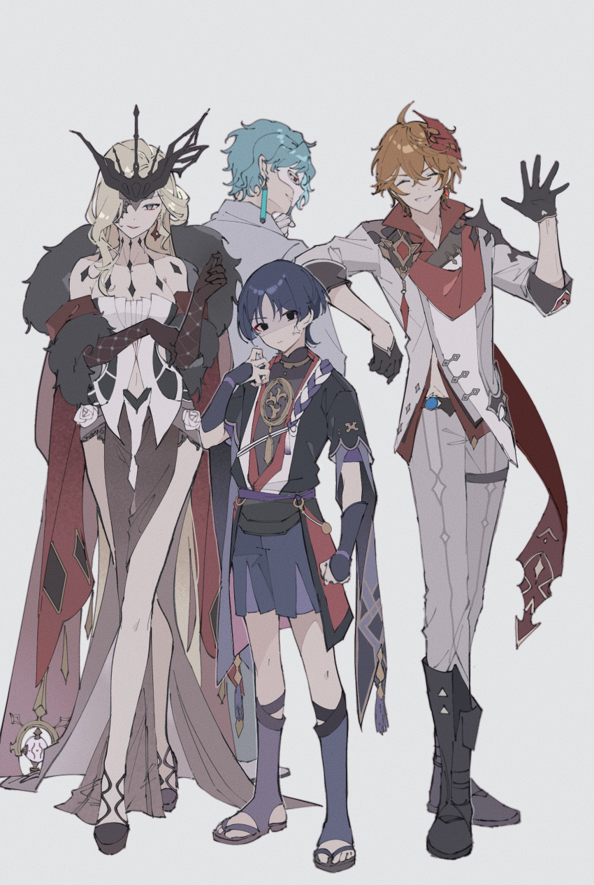 1girl, 3boys, absurdres, anger_vein, armor, bangs, black_footwear, black_gloves