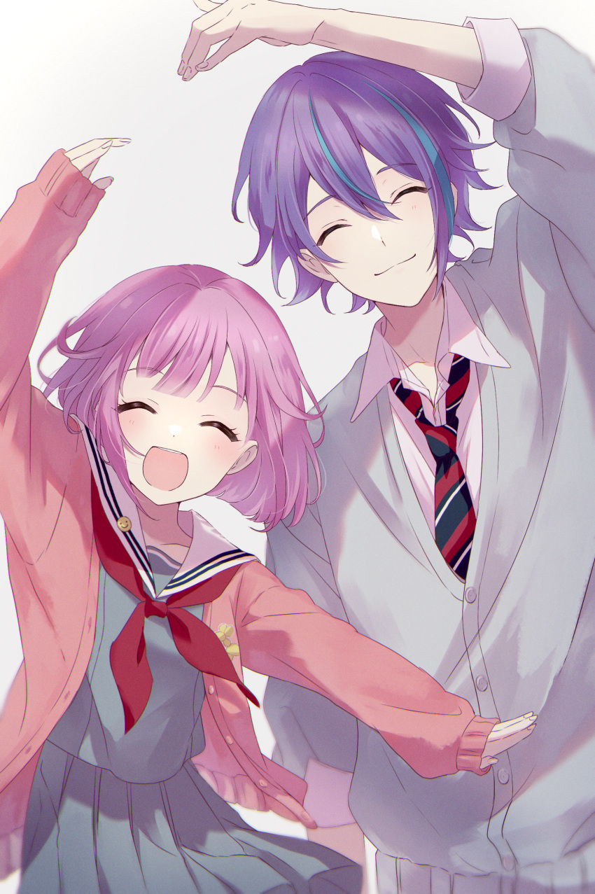 1boy, 1girl, ^_^, absurdres, aqua_hair, arm_at_side, arm_up, bangs, blouse, blue_necktie, blunt_bangs, bob_cut, cardigan, closed_eyes, collarbone, collared_shirt, diagonal-striped_necktie, diagonal_stripes, dot_nose, dress_shirt, eyebrows_visible_through_hair, eyelashes, facing_viewer, fingernails, grey_cardigan, grey_shirt, grey_skirt, hair_between_eyes, heart, heart_hands, heart_hands_duo, height_difference, highres, kamishiro_rui, kumano09_(yaecha0), leaning_to_the_side, light_blush, multicolored_hair, neckerchief, necktie, ootori_emu, open_cardigan, open_clothes, open_mouth, pin, pink_cardigan, pink_hair, pleated_skirt, project_sekai, purple_hair, red_neckerchief, sailor_collar, school_uniform, shirt, short_hair, short_hair_with_long_locks, side-by-side, skirt, smiley_face, standing, streaked_hair, striped, striped_necktie, teeth, upper_body, upper_teeth, white_sailor_collar, white_shirt