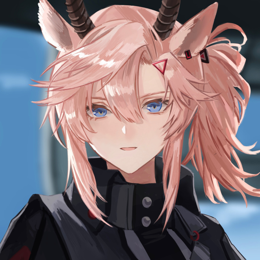 1girl, animal_ears, arknights, bangs, black_jacket, blonde_hair, blue_eyes, commentary_request