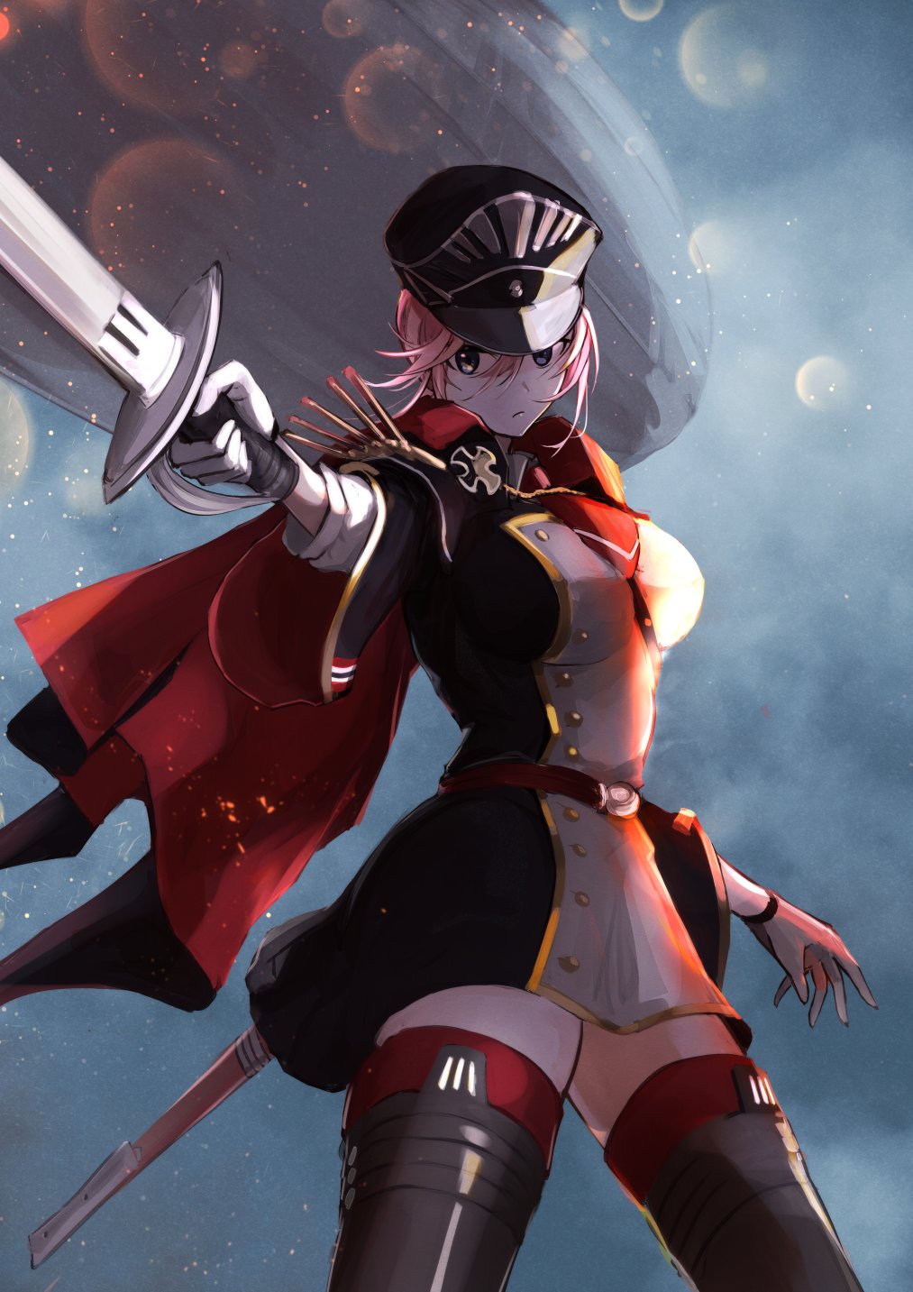 1girl, aircraft, azur_lane, battlefield_(series), battlefield_1, black_headwear, black_legwear, blue_eyes