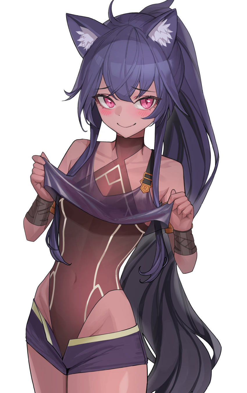 1girl, absurdres, ahoge, animal_ear_fluff, animal_ears, bangs, bare_shoulders, black_leotard, blush, brown_kemomimi-chan_(krr), cat_ears, closed_mouth, clothes_lift, clothes_pull, collarbone, commentary, commission, covered_navel, cowboy_shot, crop_top, dark-skinned_female, dark_skin, dungeon_and_fighter, eyebrows_visible_through_hair, flat_chest, groin, gstiyl, hair_between_eyes, highleg, highleg_leotard, highres, jewelry, leotard, lifted_by_self, long_hair, looking_at_viewer, micro_shorts, open_fly, original, pink_eyes, ponytail, purple_hair, see-through, shirt_lift, shorts, shorts_pull, sidelocks, simple_background, smile, solo, very_long_hair, white_background
