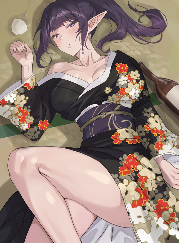 1girl, arm_up, bangs, banned_artist, black_hair, black_kimono, blunt_bangs, blush