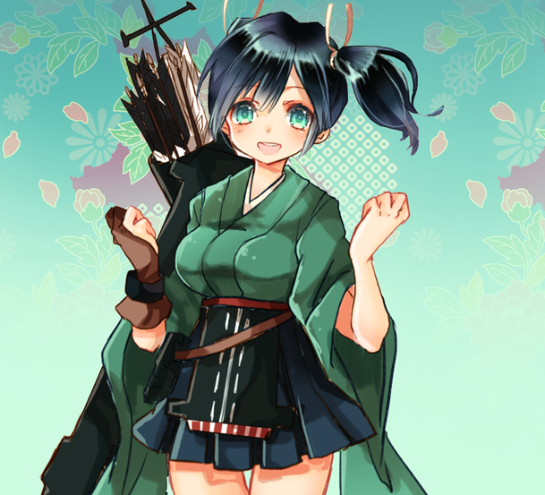 1girl, arrow_(projectile), blue_hair, breasts, eyebrows_visible_through_hair, flight_deck, gloves, gradient