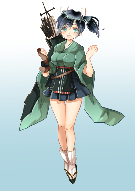 1girl, arrow_(projectile), blue_background, blue_hair, breasts, eyebrows_visible_through_hair, flight_deck, full_body