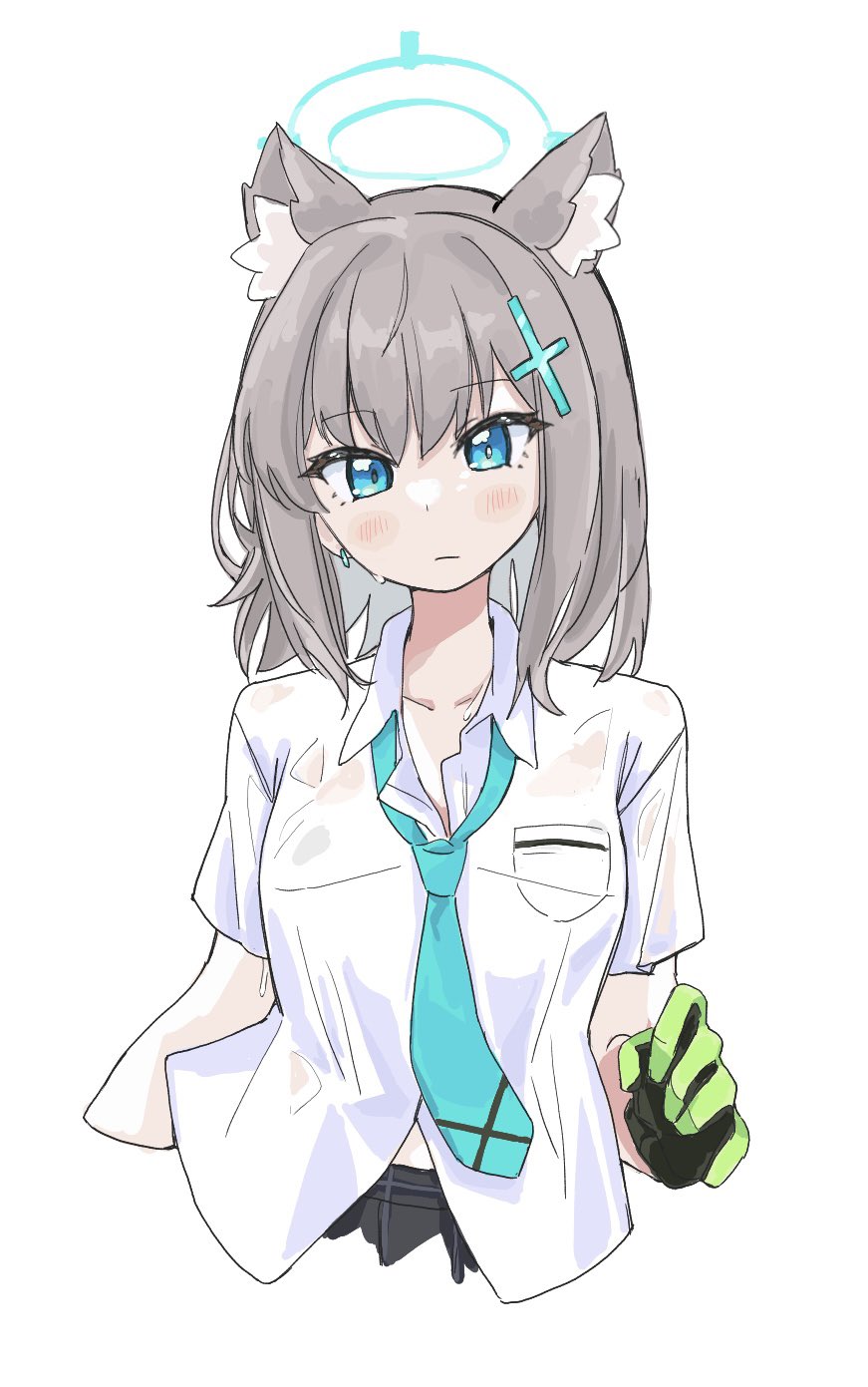 1girl, animal_ear_fluff, animal_ears, aqua_necktie, bangs, black_skirt, blue_archive, blue_eyes, breast_pocket, closed_mouth, collarbone, collared_shirt, cross_hair_ornament, dress_shirt, earrings, gloves, green_gloves, grey_hair, hair_ornament, halo, highres, jewelry, medium_hair, necktie, plaid, plaid_skirt, pocket, shiroko_(blue_archive), shirt, short_sleeves, simple_background, skirt, solo, sweat, touhou90275, two-tone_gloves, untucked_shirt, wet, wet_clothes, wet_shirt, white_background, white_shirt, wolf_ears