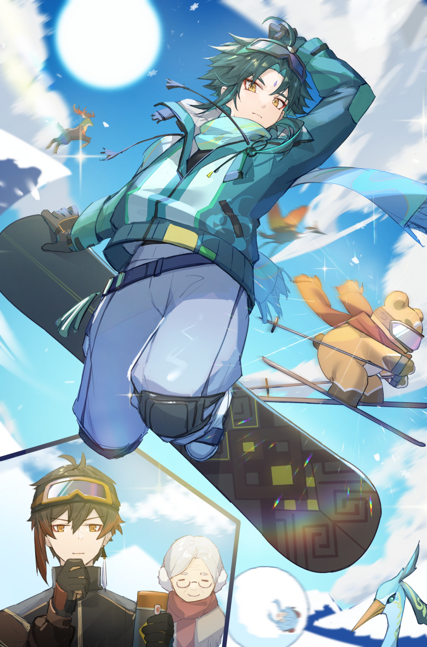 2boys, 2girls, absurdres, alternate_costume, arm_up, bangs, black_hair, blue_hair