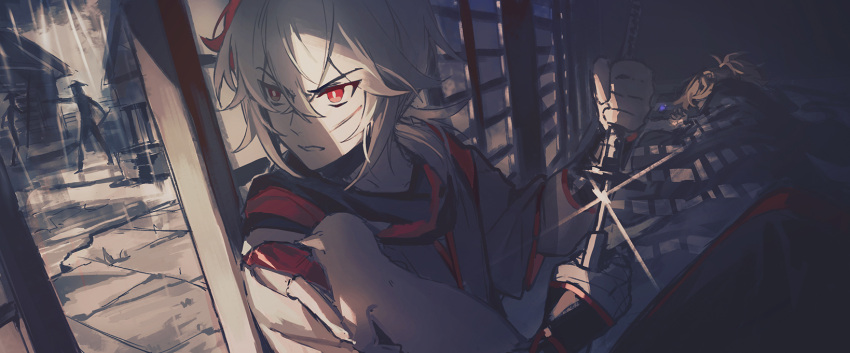 2boys, animal, bandaged_hand, bandages, bangs, black_gloves, cat, cuts, drawing_sword, fingerless_gloves, genshin_impact, gloves, hair_between_eyes, highres, holding, holding_sheath, holding_sword, holding_weapon, injury, kaedehara_kazuha, kazuha's_friend_(genshin_impact), l!sten, light_brown_hair, lying, male_focus, multicolored_hair, multiple_boys, night, on_side, rain, red_eyes, redhead, sheath, silhouette, sparkle, streaked_hair, sword, under_covers, vision_(genshin_impact), weapon