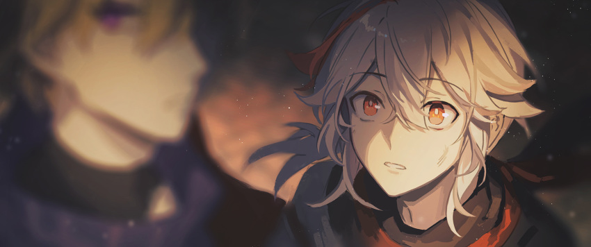 2boys, bangs, blurry, blurry_foreground, genshin_impact, hair_between_eyes, highres, japanese_clothes