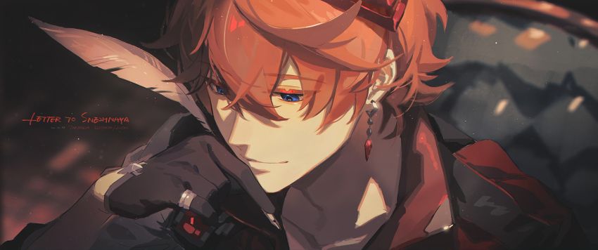 1boy, bangs, black_gloves, blue_eyes, chair, closed_mouth, earrings, genshin_impact, gloves, hair_between_eyes, highres, holding, jacket, jewelry, l!sten, male_focus, mask, mask_on_head, orange_hair, portrait, quill, red_mask, ring, single_earring, solo, tartaglia_(genshin_impact)