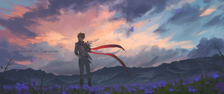 1boy, bangs, black_footwear, blue_eyes, boots, clouds, field, flower
