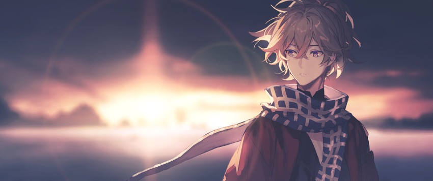 1boy, bangs, blue_scarf, blurry, blurry_background, crossed_bangs, genshin_impact, hair_between_eyes