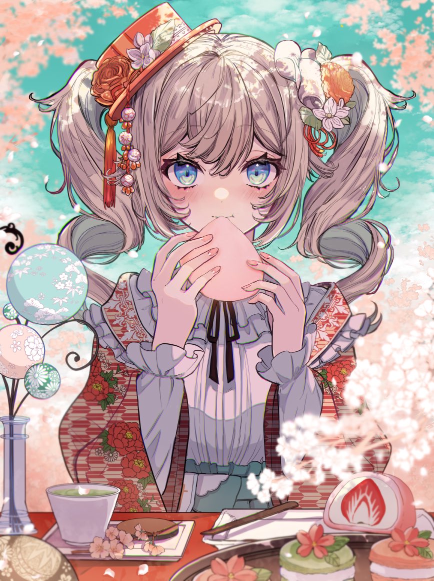 1girl, alternate_costume, barbara_(genshin_impact), blonde_hair, blue_eyes, blush, commentary_request, drill_hair, eating, food, genshin_impact, long_hair, looking_at_viewer, pink_nails, red_headwear, solo, tapi, twin_drills
