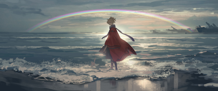 1boy, animal, bangs, beach, blue_scarf, cat, clouds, cloudy_sky