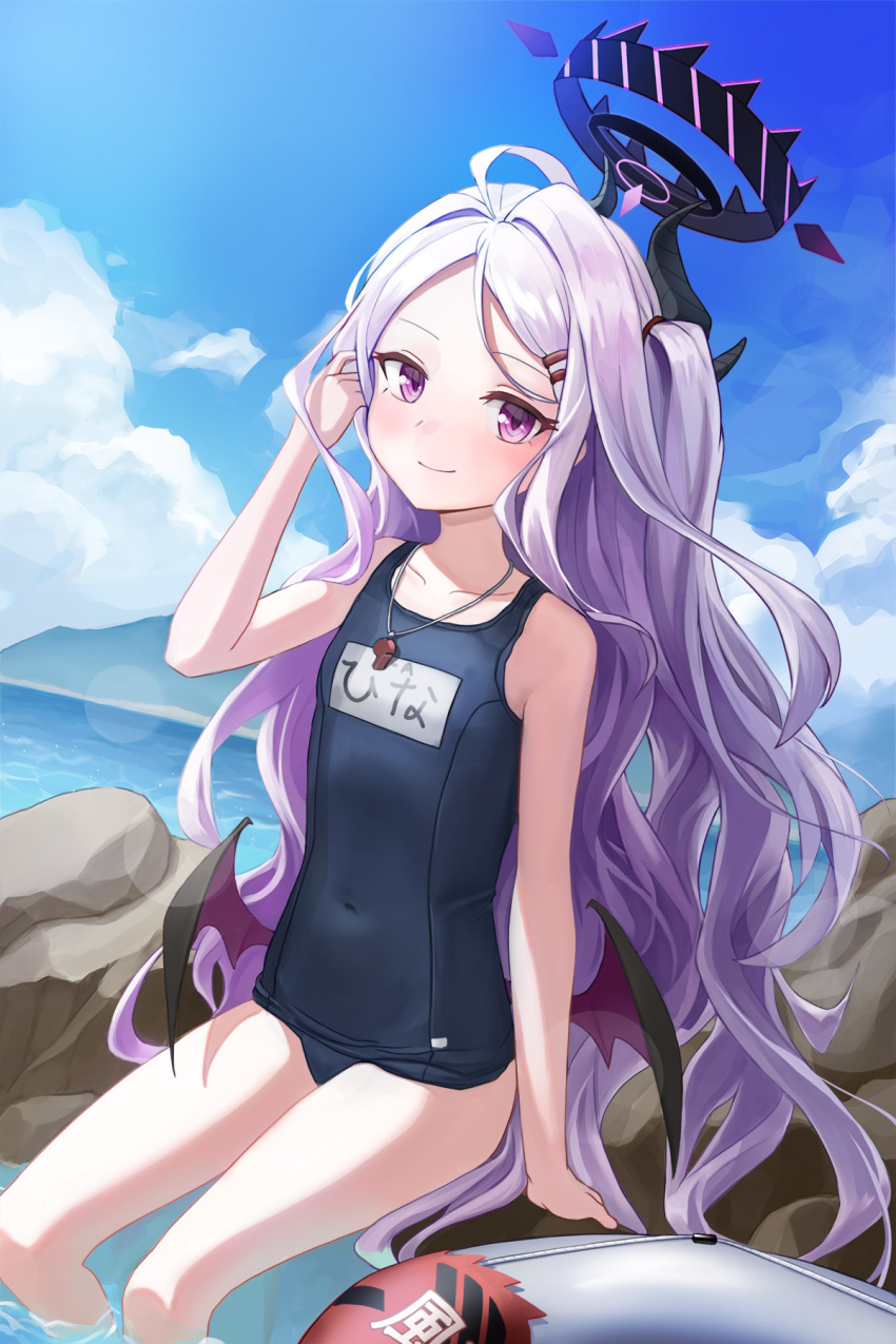 1girl, adjusting_hair, ahoge, bangs, blue_archive, blue_sky, blue_swimsuit, clouds