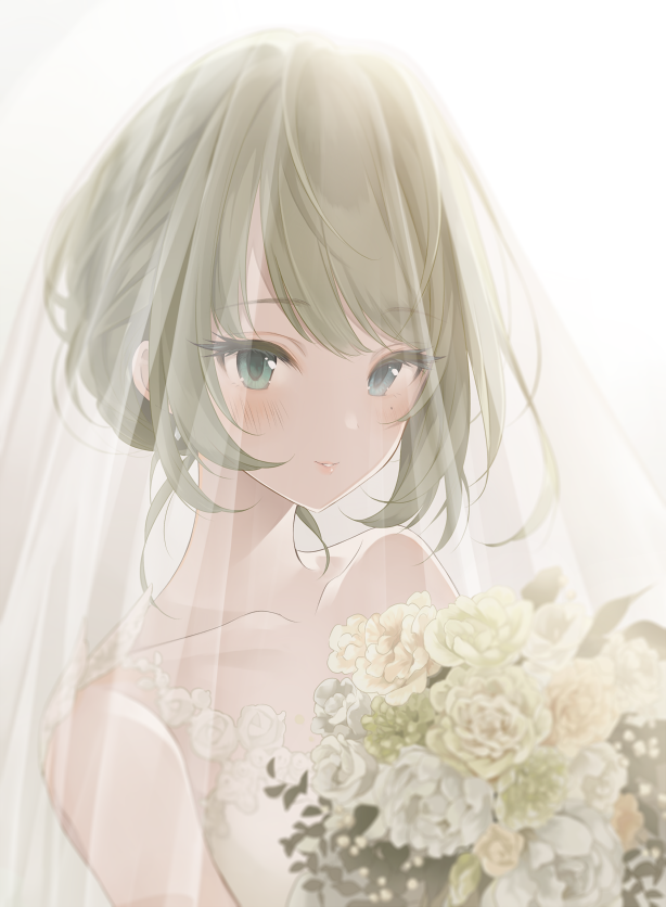1girl, blush, bouquet, bridal_veil, bride, collarbone, dress, green_hair