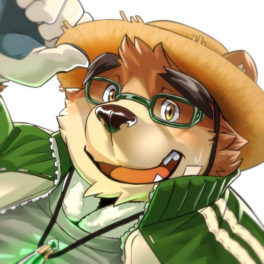 1boy, animal_ears, animal_nose, bandaid, bandaid_on_face, bear_boy, bear_ears, brown_fur, close-up, commentary_request, fang, fang_out, furry, furry_male, glasses, gloves, hat, holding, holding_clothes, holding_hat, jacket, jewelry, looking_at_viewer, male_focus, necklace, okusu_(oaks16), open_mouth, smile, snout, solo, straw_hat, sweatdrop, thick_eyebrows, tokyo_afterschool_summoners, towel, towel_around_neck, track_jacket, volos_(housamo), white_background, yellow_eyes