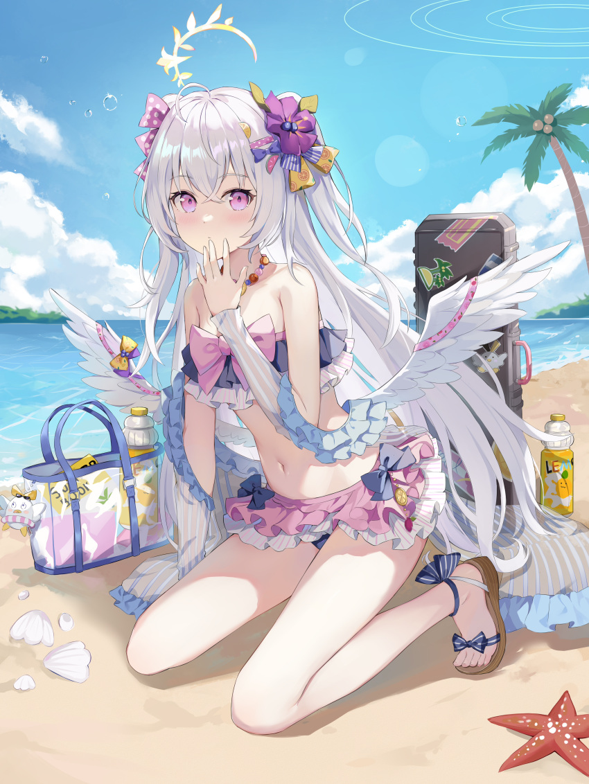 1girl, absurdres, azusa_(blue_archive), bare_shoulders, bikini, blue_archive, flower, frilled_bikini