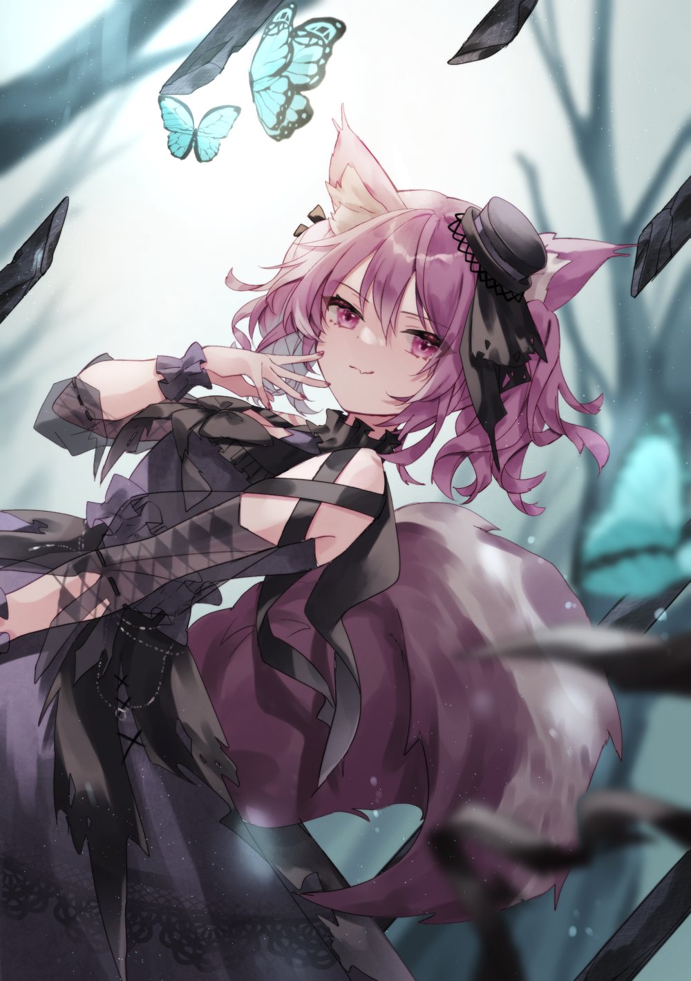 1girl, animal_ears, arknights, black_dress, black_headwear, bug, butterfly, dress