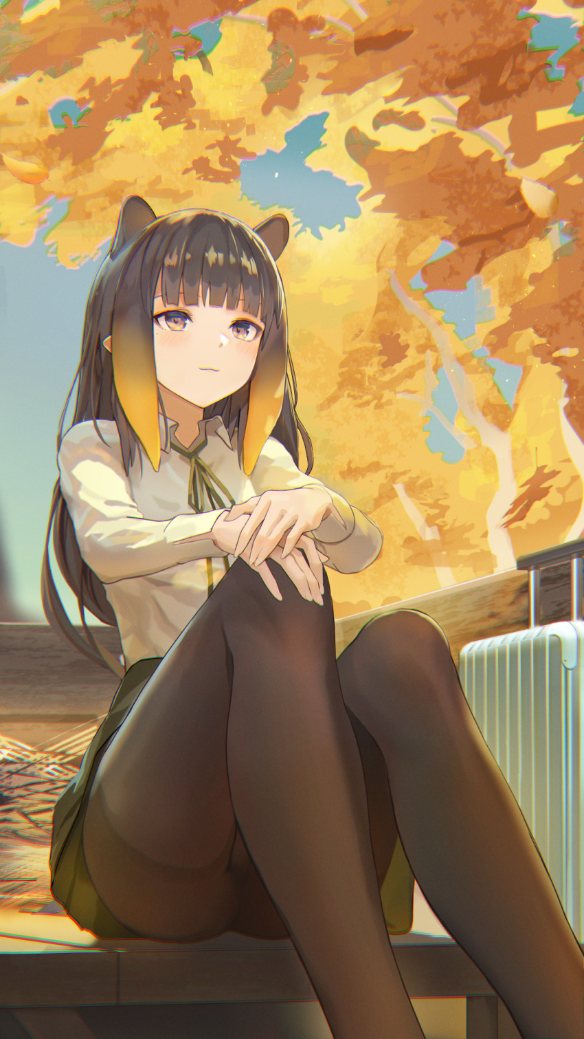 1girl, :3, alternate_costume, bangs, black_legwear, black_skirt, blunt_bangs, closed_mouth, collared_shirt, commentary, dolphenry, english_commentary, feet_out_of_frame, gradient_hair, highres, hololive, hololive_english, light_smile, long_hair, long_sleeves, luggage, multicolored_hair, neck_ribbon, ninomae_ina'nis, outdoors, pantyhose, pleated_skirt, pointy_ears, purple_hair, ribbon, shirt, sitting, skirt, solo, thighband_pantyhose, tree, violet_eyes, virtual_youtuber, white_shirt