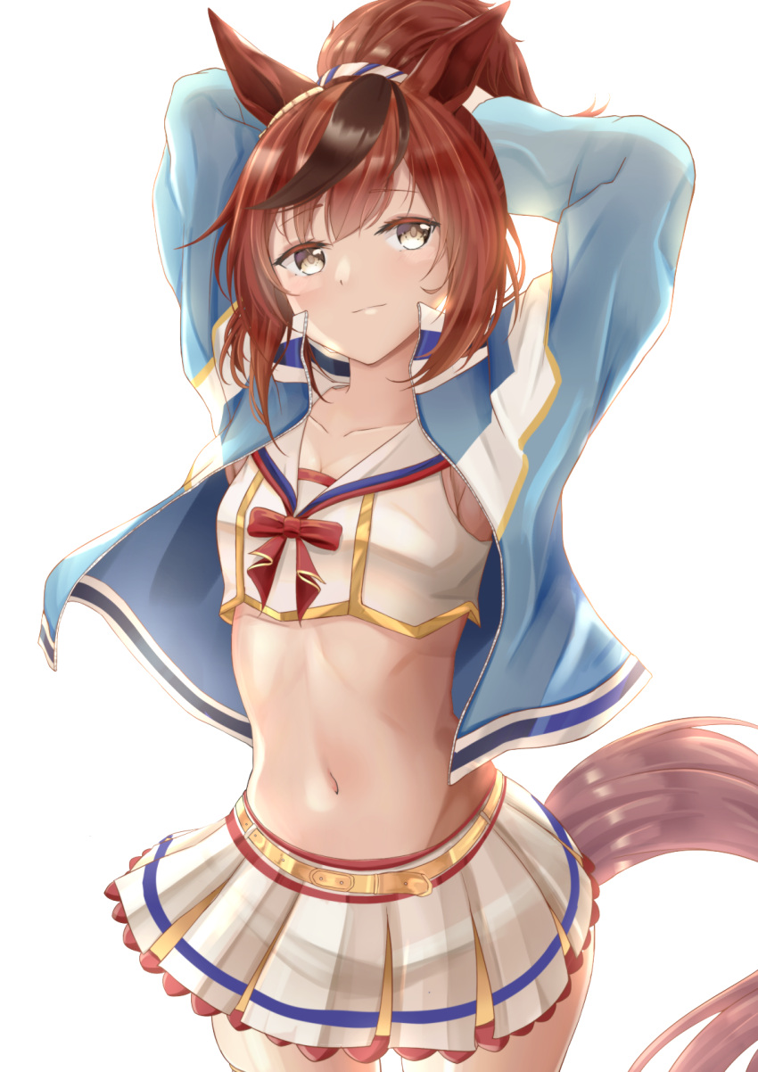 1girl, akikawa_noya, animal_ears, armpits, arms_up, bangs, blue_jacket, brown_eyes, brown_hair, commentary_request, cowboy_shot, crop_top, eyebrows_visible_through_hair, highres, horse_ears, jacket, long_hair, long_sleeves, looking_at_viewer, midriff, miniskirt, navel, nice_nature_(umamusume), open_clothes, open_jacket, pleated_skirt, ponytail, shirt, simple_background, skirt, skirt_set, smile, solo, standing, stomach, tail, umamusume, white_background, white_shirt, white_skirt