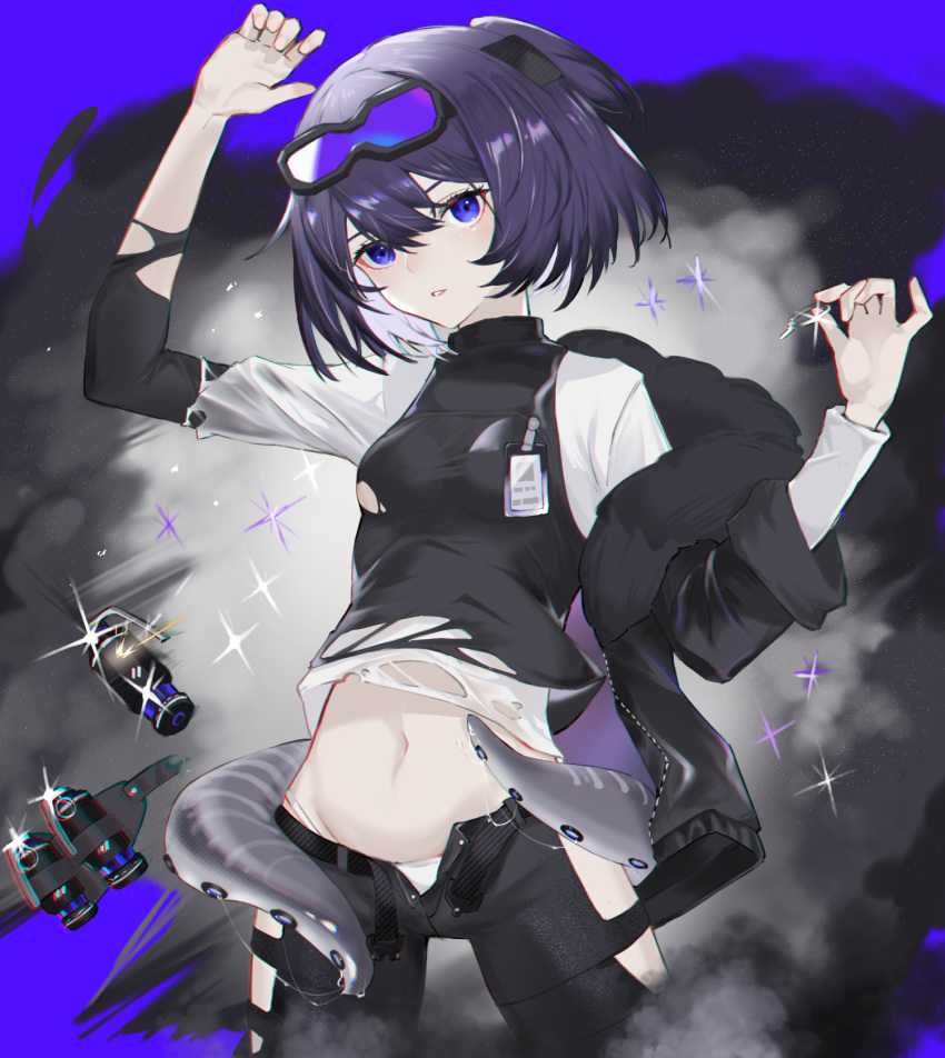 1girl, andreana_(arknights), arknights, arm_up, bangs, black_pants, black_shirt, blue_background