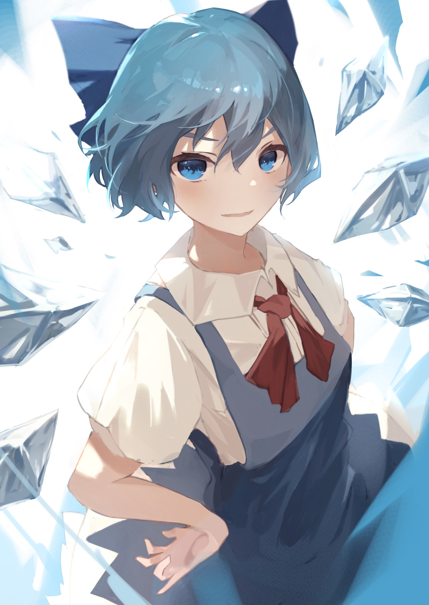 1girl, absurdres, backlighting, bloom, blue_bow, blue_dress, blue_eyes, blue_hair