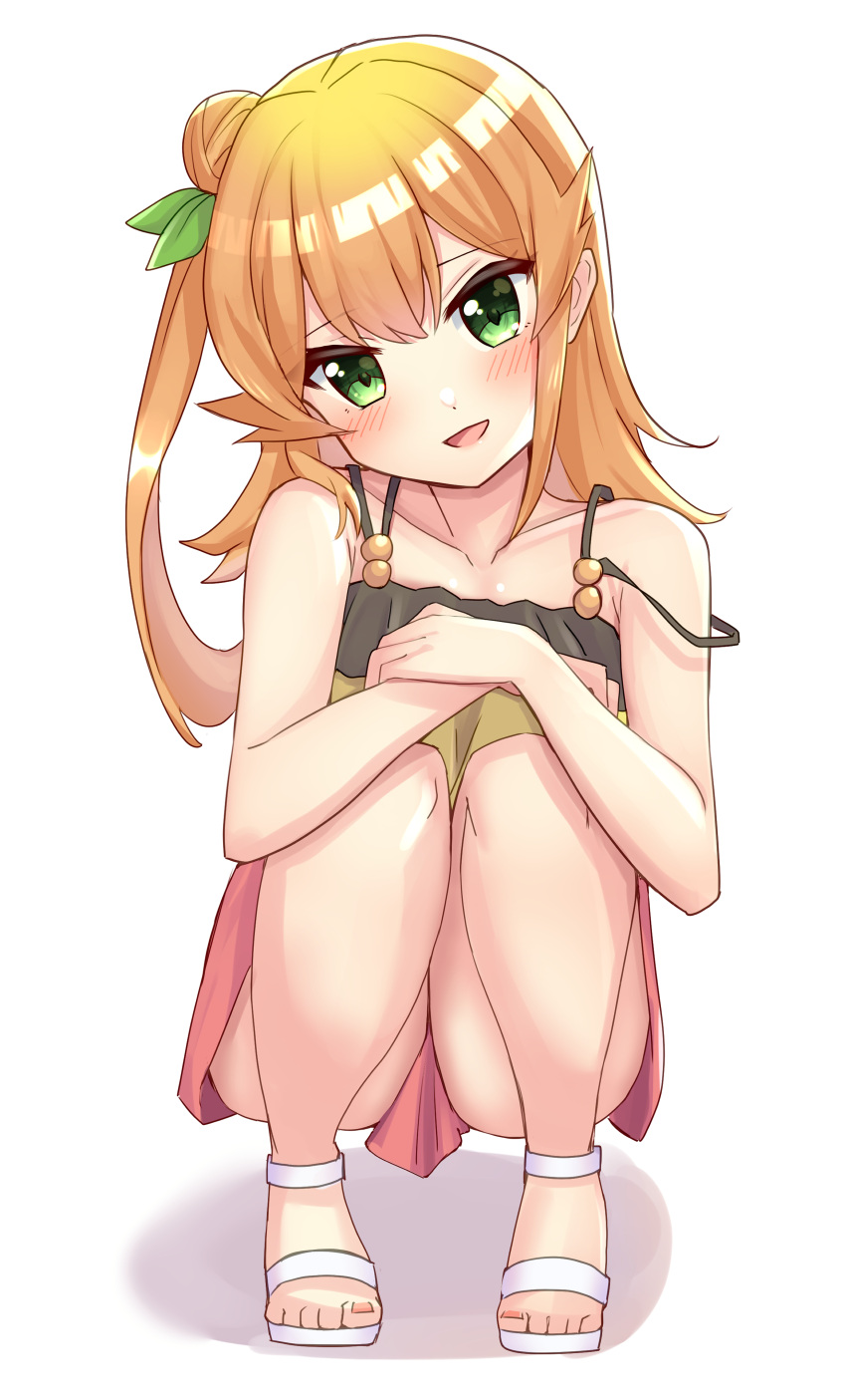1girl, :d, absurdres, ao_(flowerclasse), bangs, bare_arms, bare_shoulders, blonde_hair